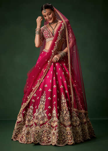 Pink Bridal Silk Lehenga Set with  Two Dupattas