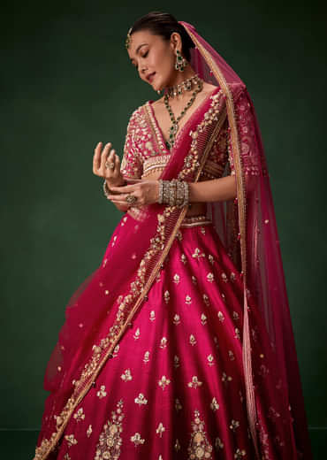 Pink Bridal Silk Lehenga Set with  Two Dupattas