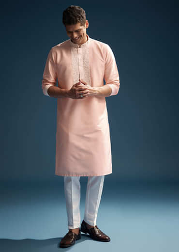 Pink Chanderi Kurta Set For Men With Kashmiri Hand Work