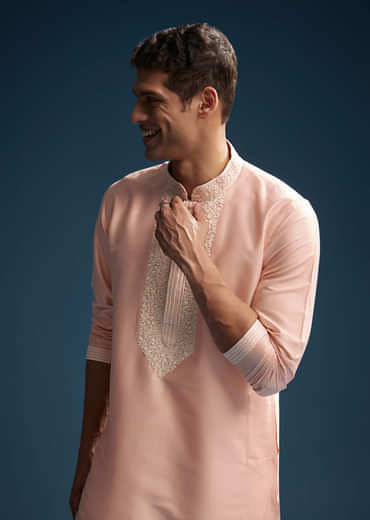 Pink Chanderi Kurta Set For Men With Kashmiri Hand Work