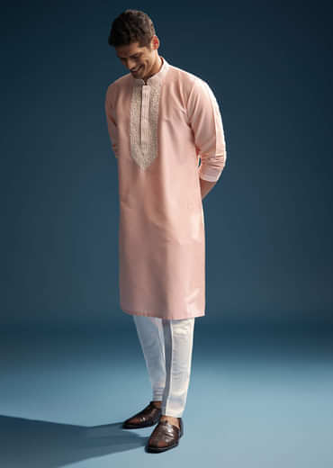 Pink Chanderi Kurta Set For Men With Kashmiri Hand Work
