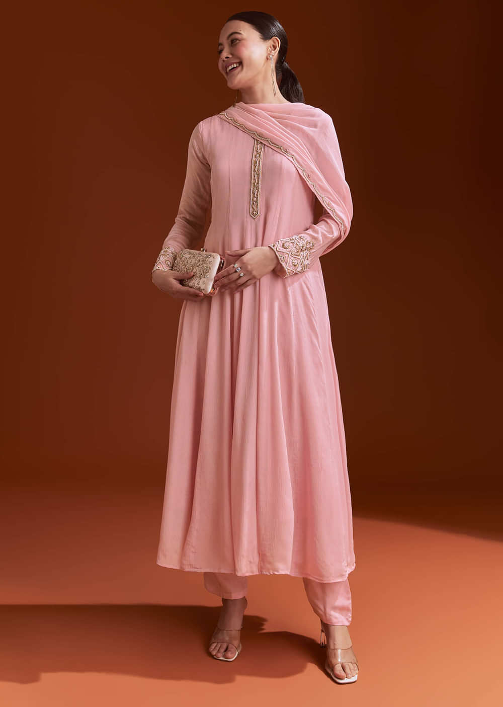 Pink Chinon Anarkali Suit With Beads And Stone Work
