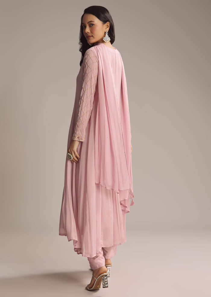 Pink Chinon Anarkali Suit With Cutdana And Sequins Work