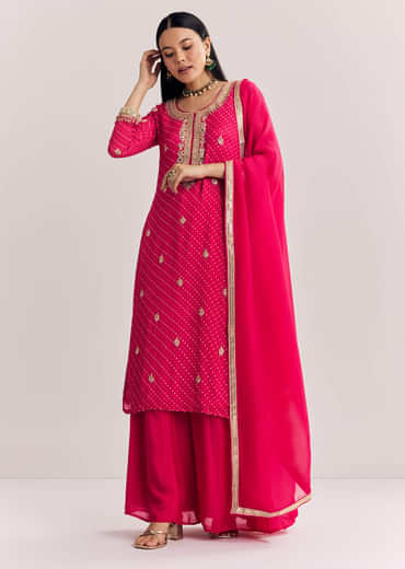 Pink Chinon Asymmetrical Embroidered Palazzo Suit