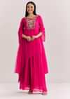 Pink Chinon Asymmetrical Palazzo Suit With Embroidery