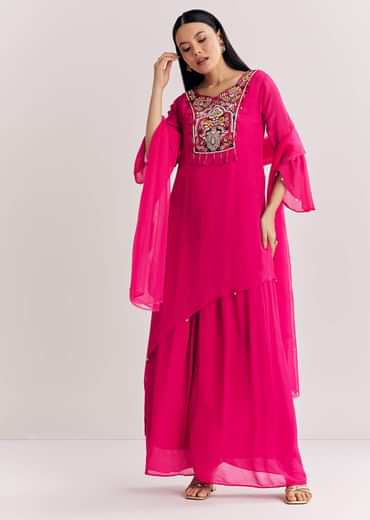 Pink Chinon Asymmetrical Palazzo Suit With Embroidery