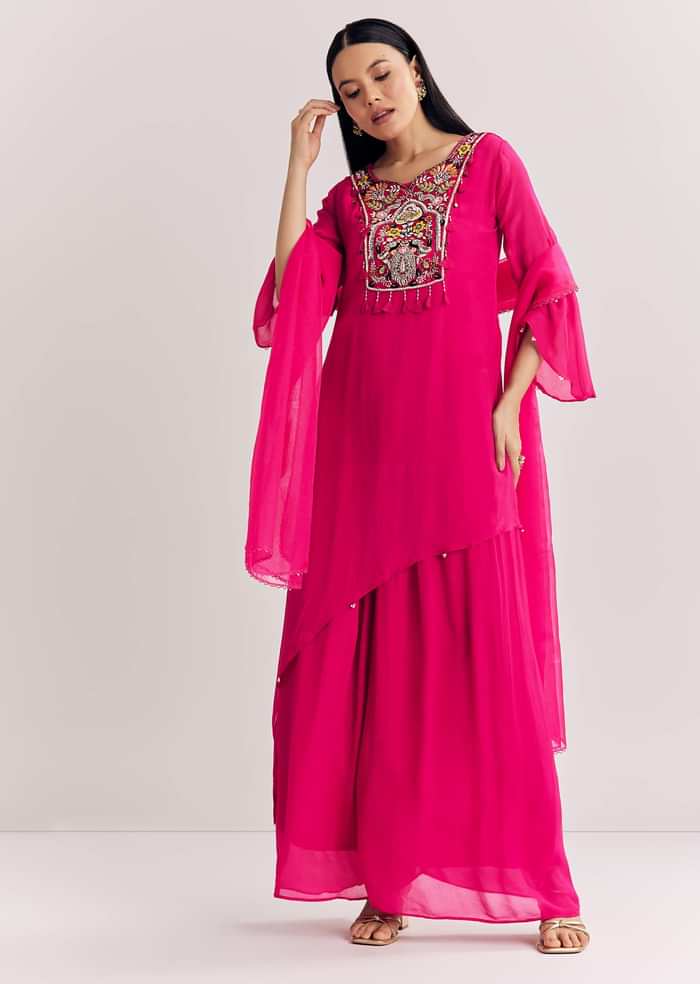 Pink Chinon Asymmetrical Palazzo Suit With Embroidery