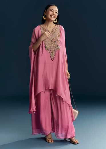 Pink Chinon Indo Western Top And Palazzo Set With Resham Work