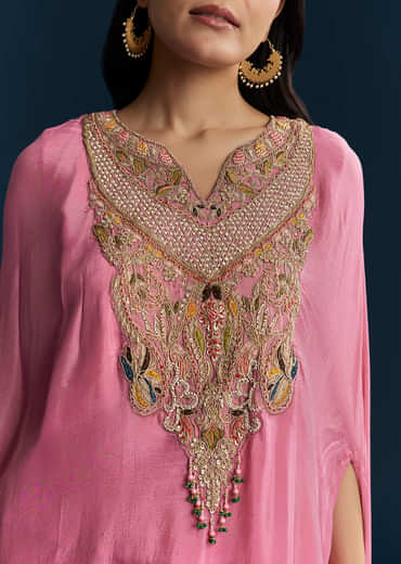 Pink Chinon Indo Western Top And Palazzo Set With Resham Work