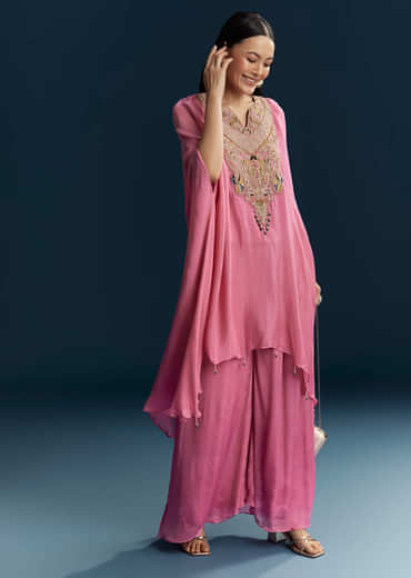 Pink Chinon Indo Western Top And Palazzo Set With Resham Work