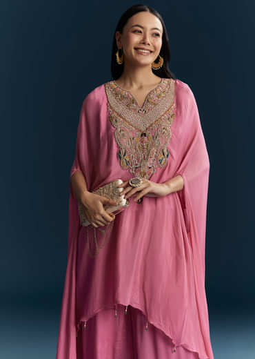 Pink Chinon Indo Western Top And Palazzo Set With Resham Work