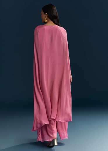 Pink Chinon Indo Western Top And Palazzo Set With Resham Work