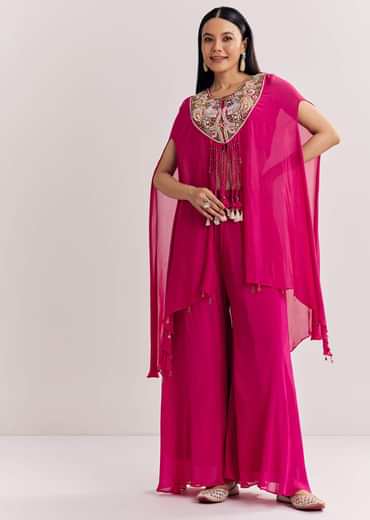 Pink Chinon Zardosi Threadwork Kaftan Kurta Set