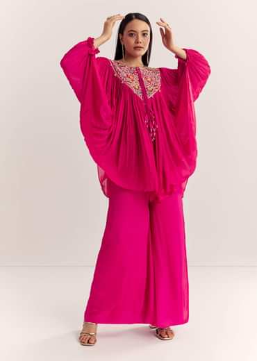 Pink Chinon Kaftan Kurta Set With Zardosi And Thread Work