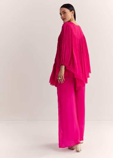 Pink Chinon Kaftan Kurta Set With Zardosi And Thread Work