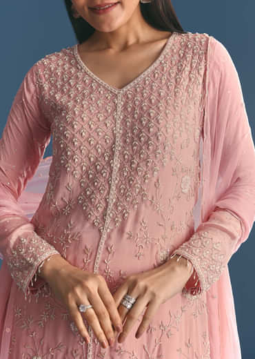 Pink Chinon Kurta Palazzo Suit With Moti And Cut Dana Work