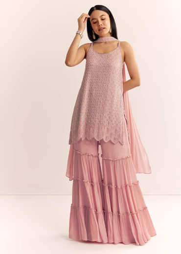 Pink Chinon Kurta Set With Cutdana Moti And Choker Dupatta