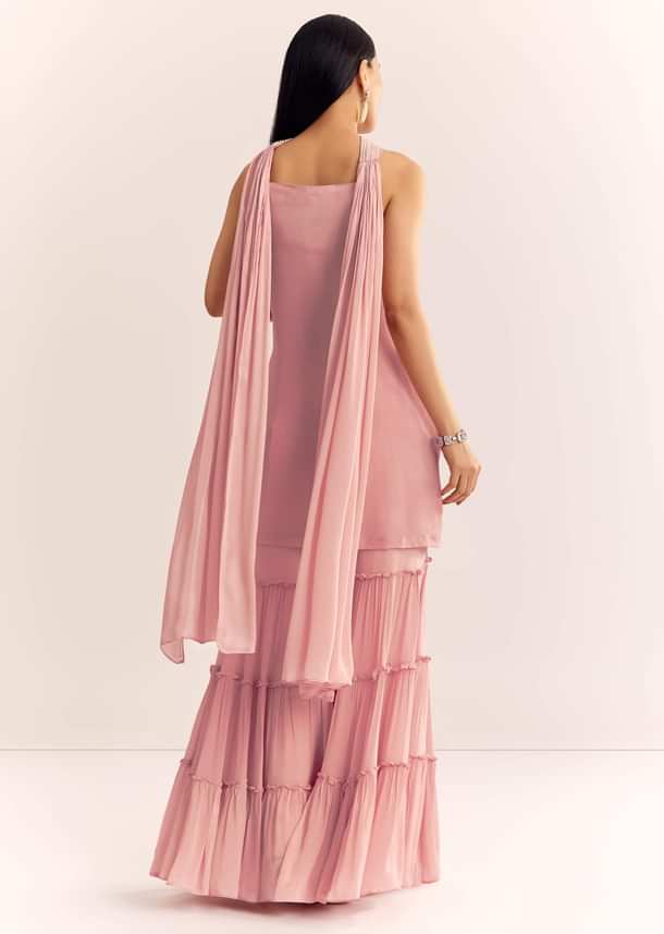 Pink Chinon Kurta Set With Cutdana Moti And Choker Dupatta