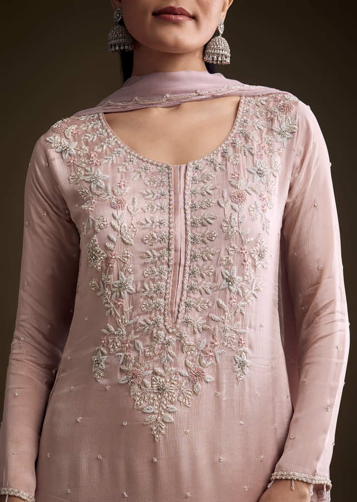 Pink Chinon Palazzo Suit With Zardosi And Cutdana Embroidery