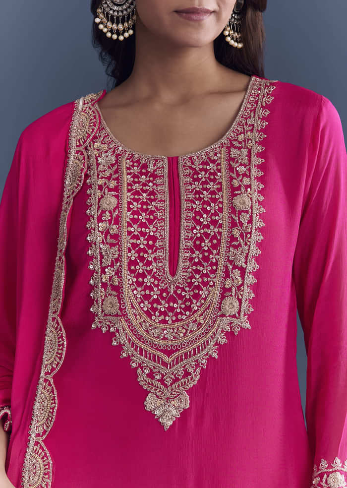 Pink Chinon Sharara Suit With Cutdana And Sequins Embroidery