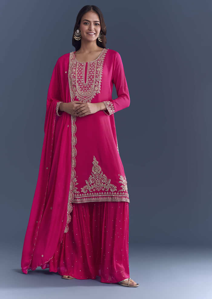 Pink Chinon Sharara Suit With Cutdana And Sequins Embroidery