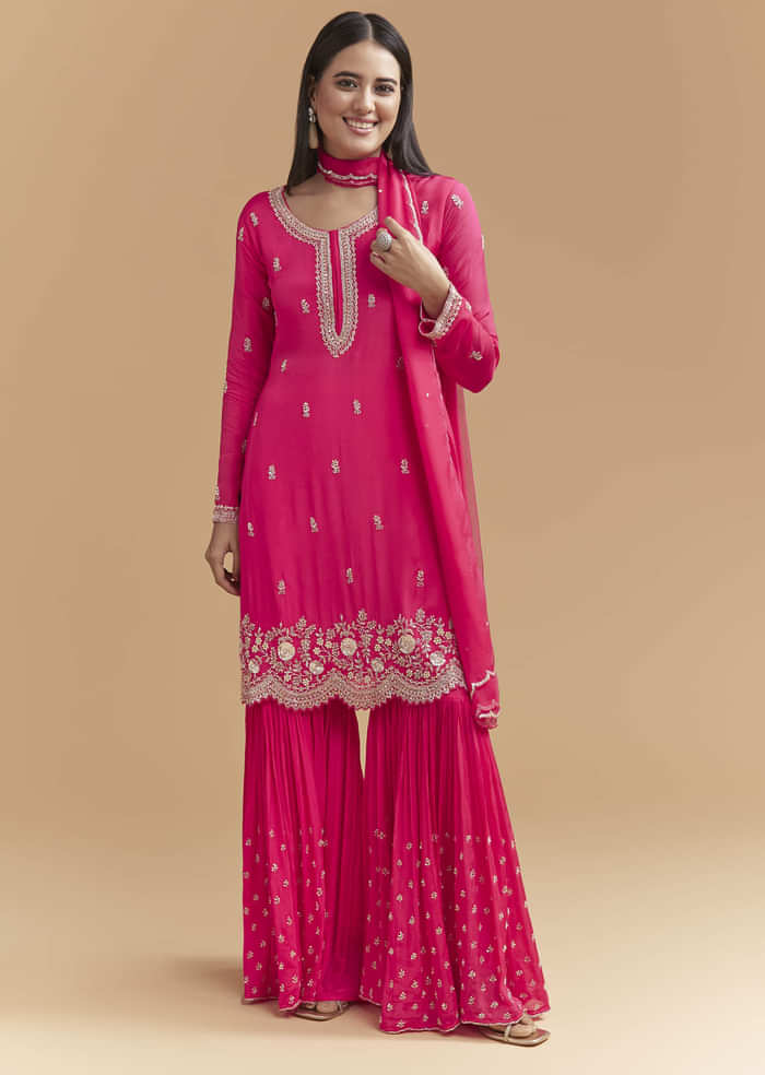 Pink Chinon Sharara Suit With Heavy Hand Embroidery