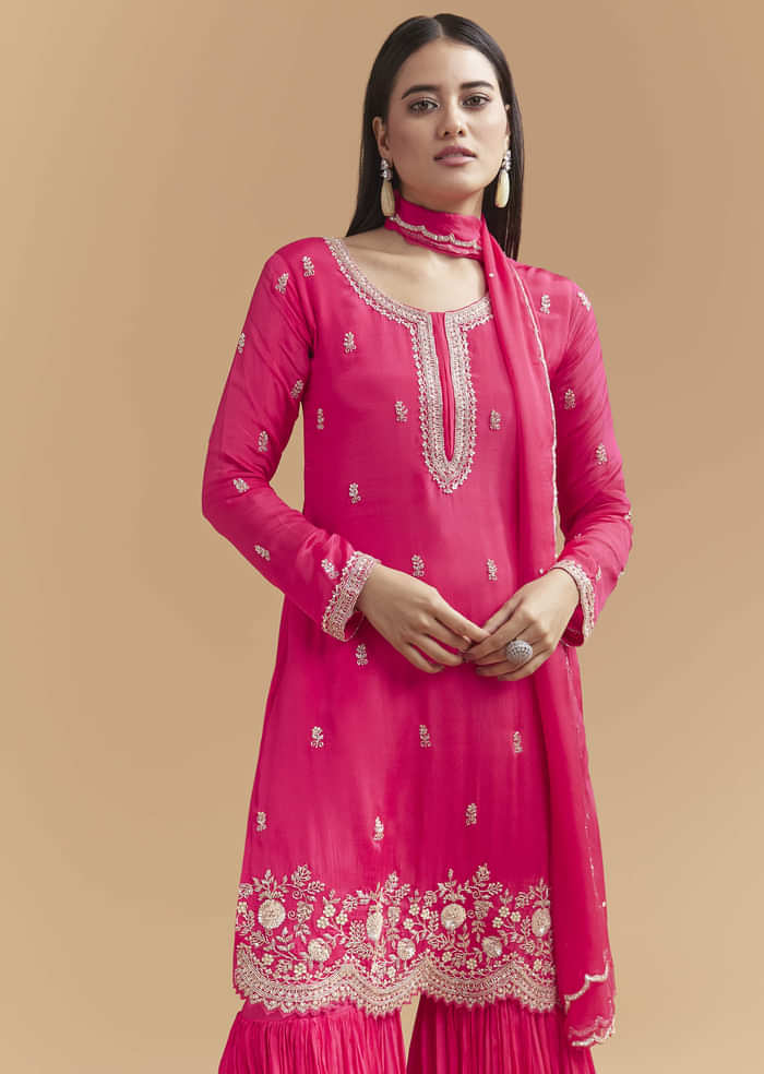 Pink Chinon Sharara Suit With Heavy Hand Embroidery