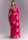 Pink Chinon Woven Saree With Elephant Motifs And Zari Work
