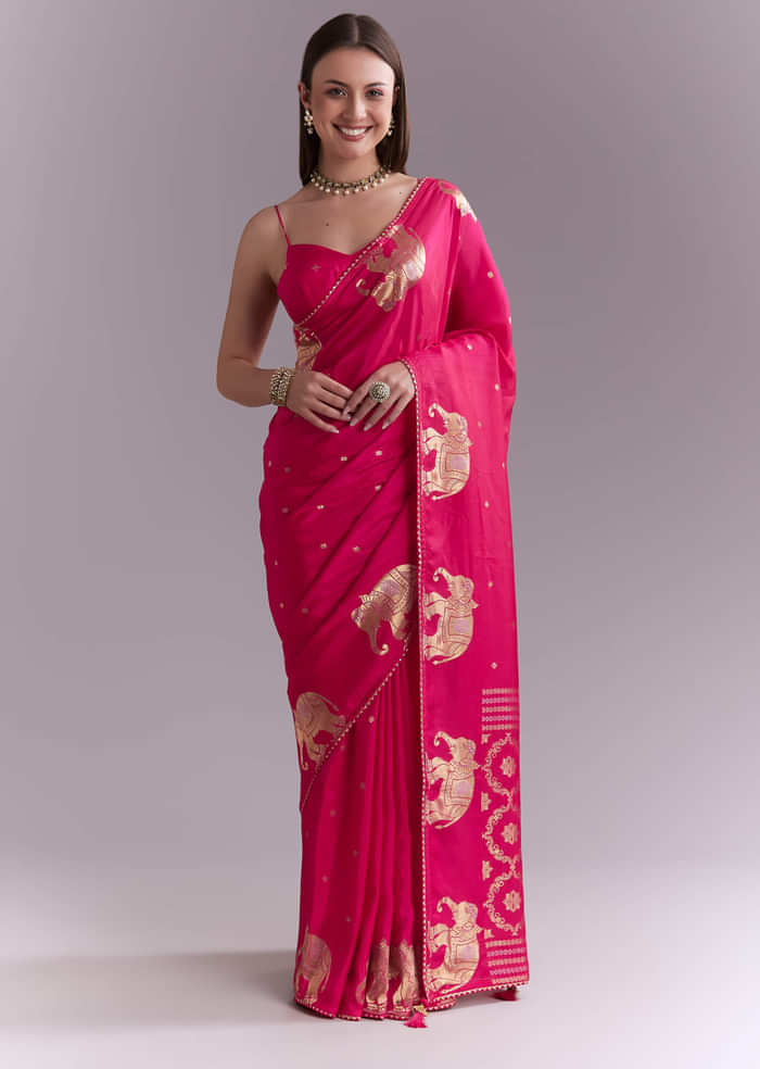 Pink Chinon Woven Saree With Elephant Motifs And Zari Work