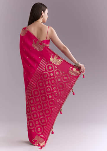 Pink Chinon Woven Saree With Elephant Motifs And Zari Work