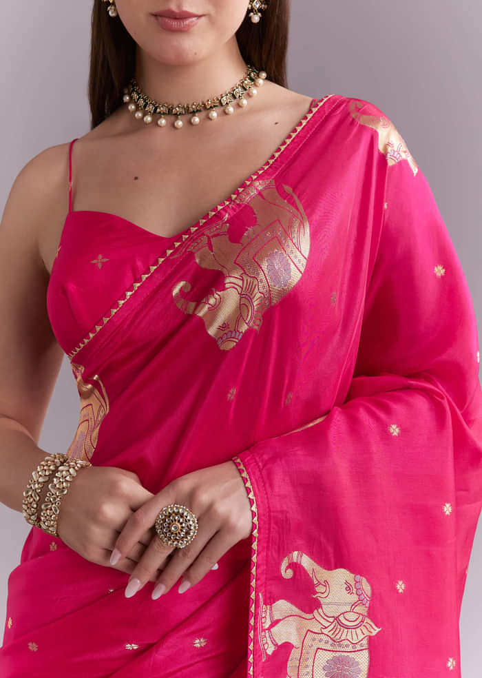 Pink Chinon Woven Saree With Elephant Motifs And Zari Work