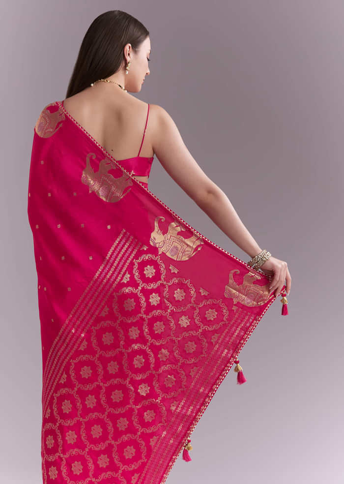 Pink Chinon Woven Saree With Elephant Motifs And Zari Work