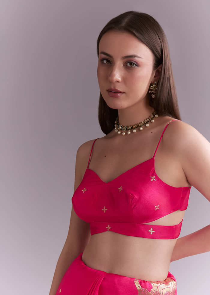 Pink Chinon Woven Saree With Elephant Motifs And Zari Work