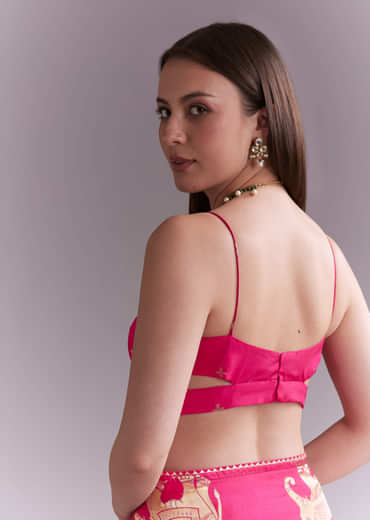 Pink Chinon Woven Saree With Elephant Motifs And Zari Work