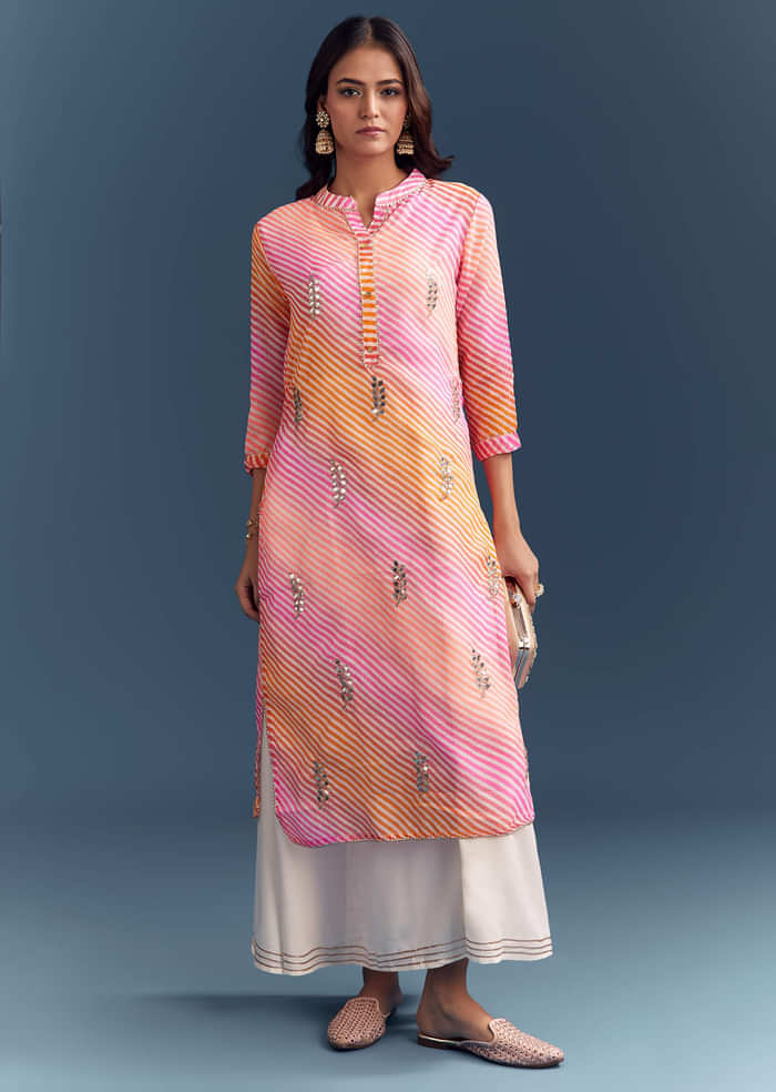 Pink Cotton Kurti With Leheriya Print And Gota Work
