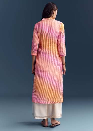 Pink Cotton Kurti With Leheriya Print And Gota Work