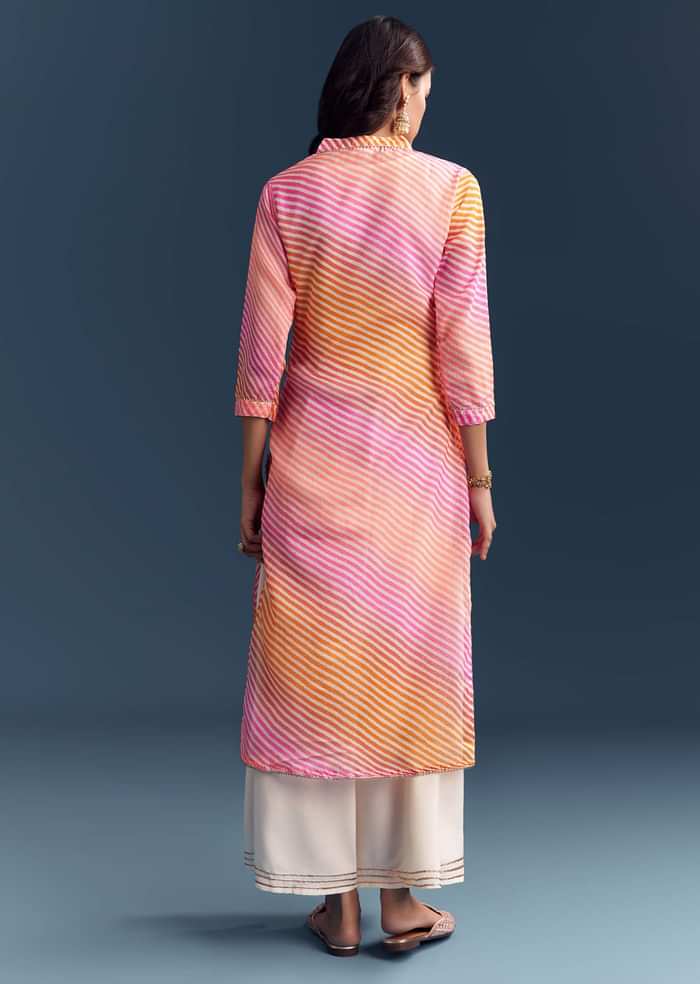 Pink Cotton Kurti With Leheriya Print And Gota Work