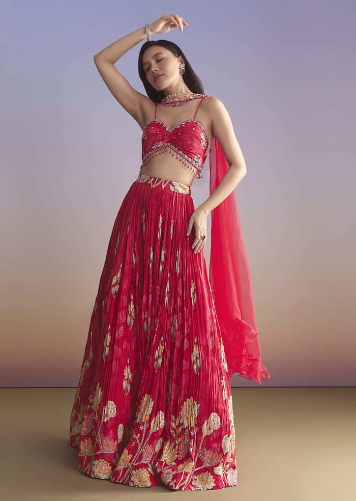 Pink Crepe Bridesmaid Lehenga With Floral Print