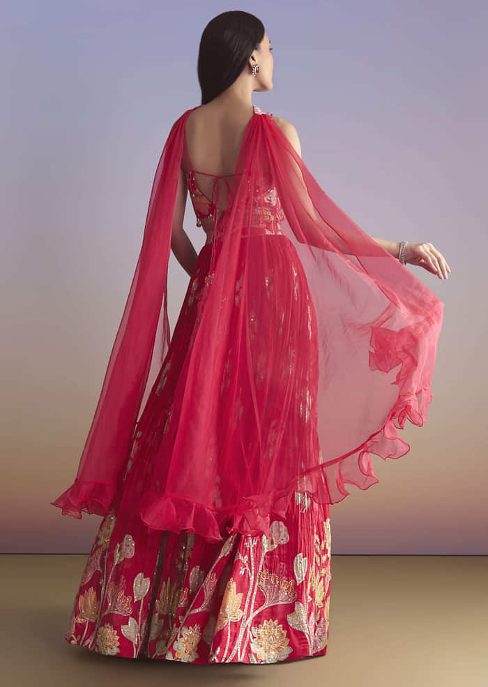 Pink Crepe Bridesmaid Lehenga With Floral Print