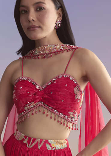 Pink Crepe Bridesmaid Lehenga With Floral Print