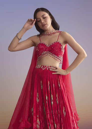 Pink Crepe Bridesmaid Lehenga With Floral Print