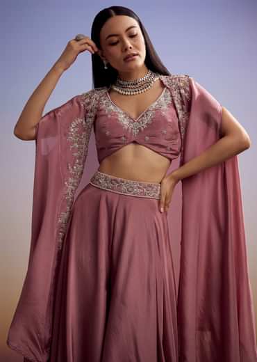 Pink Crepe Crop Top And Cape Set With Embroidery