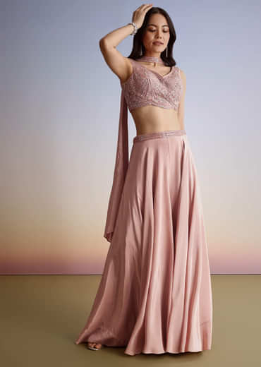 Pink Crepe Cutdana Sequin Embroidered Croptop Palazzo Suit With Dupatta