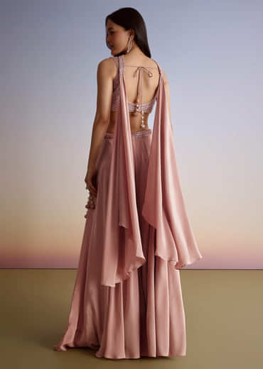 Pink Crepe Cutdana Sequin Embroidered Croptop Palazzo Suit With Dupatta