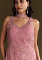 Pink Crepe Embroidered Kurta Palazzo Suit Set With Net Choker Dupatta