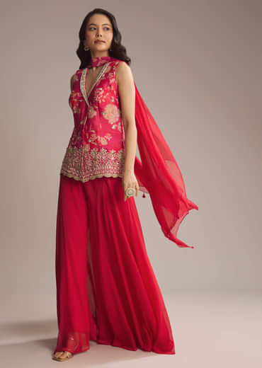 Pink Crepe Floral Printed Palazzo Suit With Mirror Work