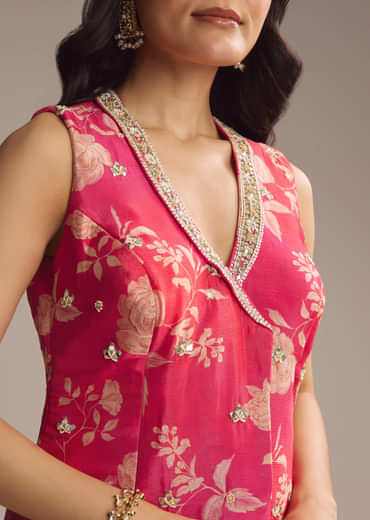 Pink Crepe Floral Printed Palazzo Suit With Mirror Work