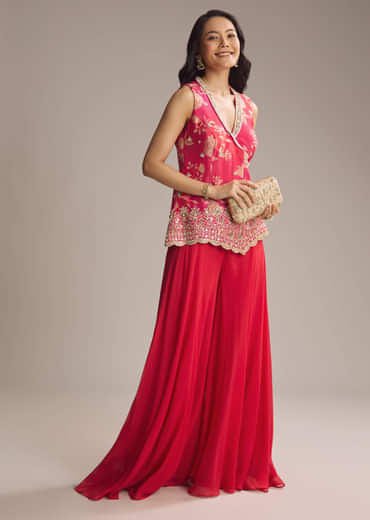 Pink Crepe Floral Printed Palazzo Suit With Mirror Work