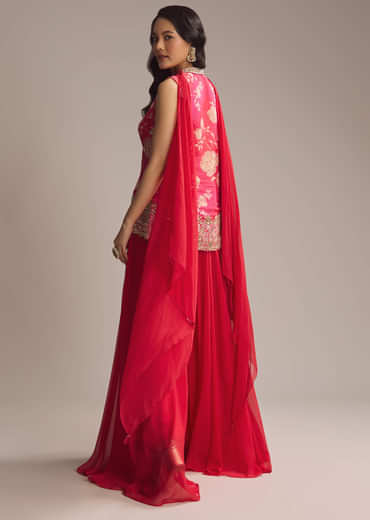 Pink Crepe Floral Printed Palazzo Suit With Mirror Work