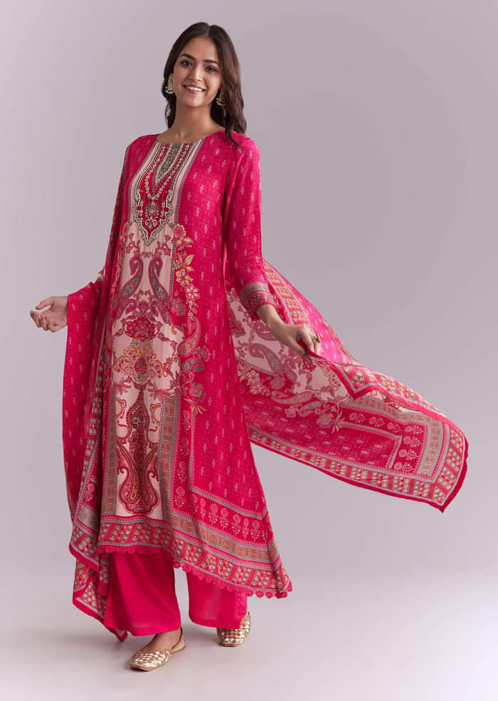 Pink Crepe Kurta Set With Paisley And Floral Print And Embroidery